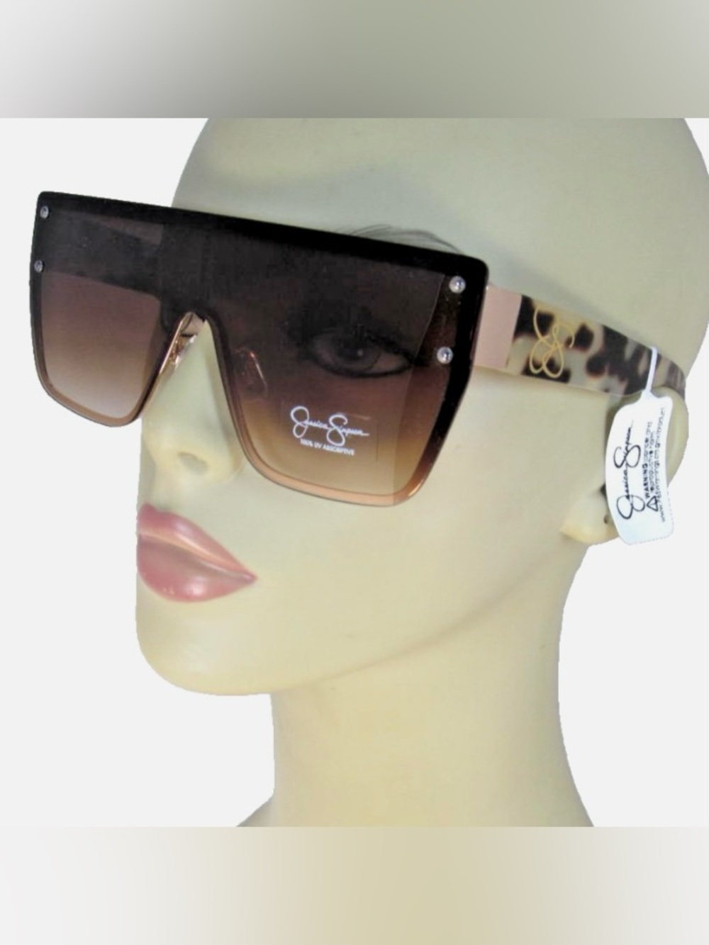 Jessica Simpson Black to Brown Gradient Shield Sunglasses w/ Leopard Temples New